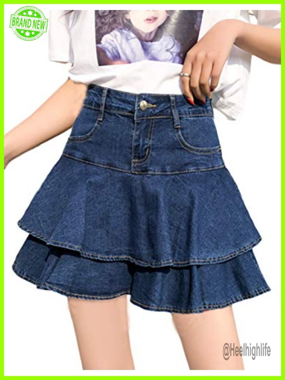 Low Waisted Built-in Shorts Denim Mini Skort A-line Ruffle Pleated